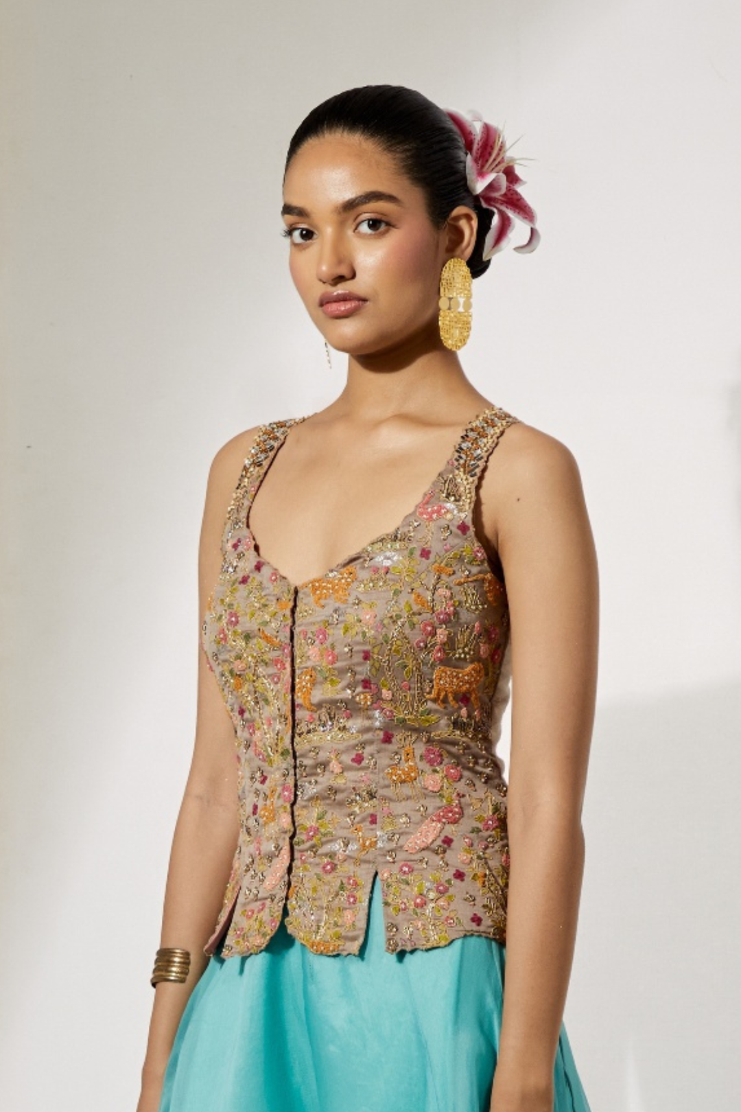 Teal Organza Flared Lehenga Skirt+Mustard Cheetah &amp; Floral Threadwork Waistcoat