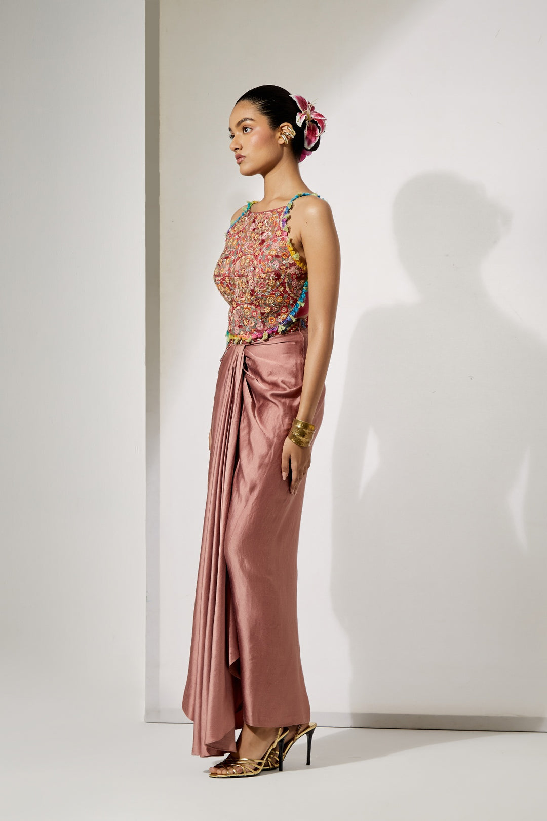 Rust Draped Skirt Set with Fully Embroidered Threadwork Blouse | RTS