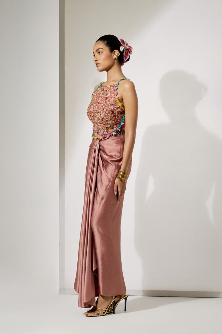 Rust Draped Skirt Set with Fully Embroidered Threadwork Blouse | RTS