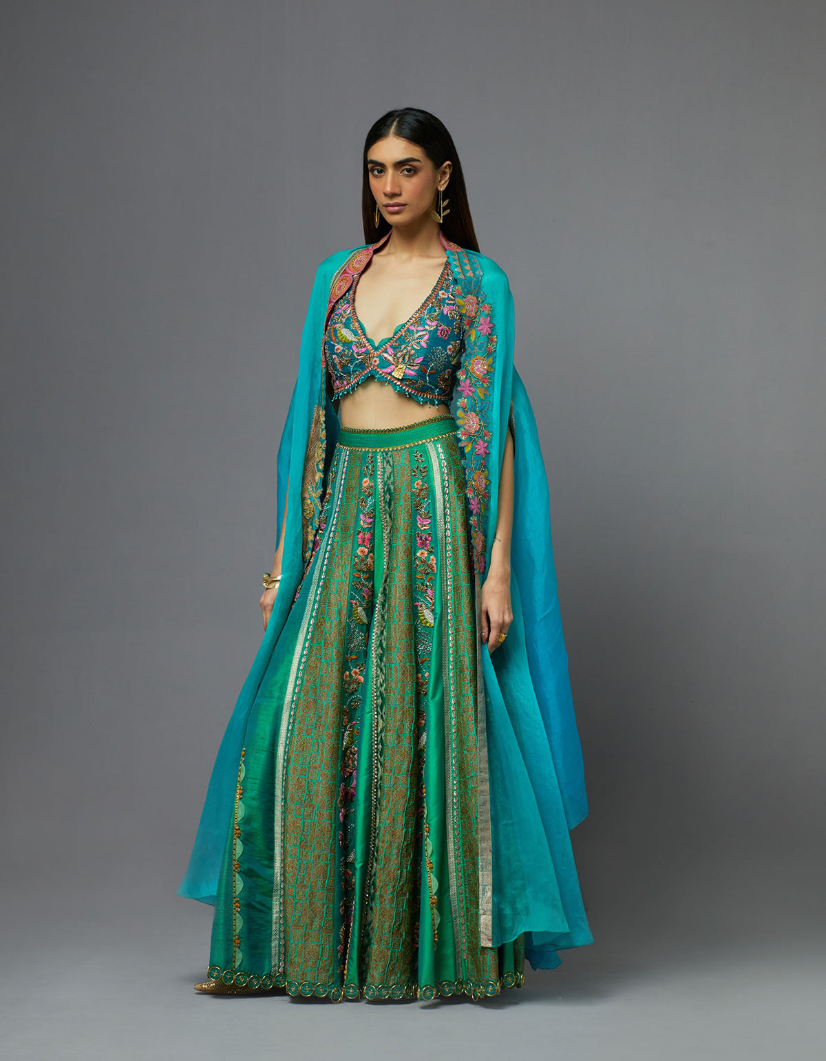 Turquoise and Green Sharara Set