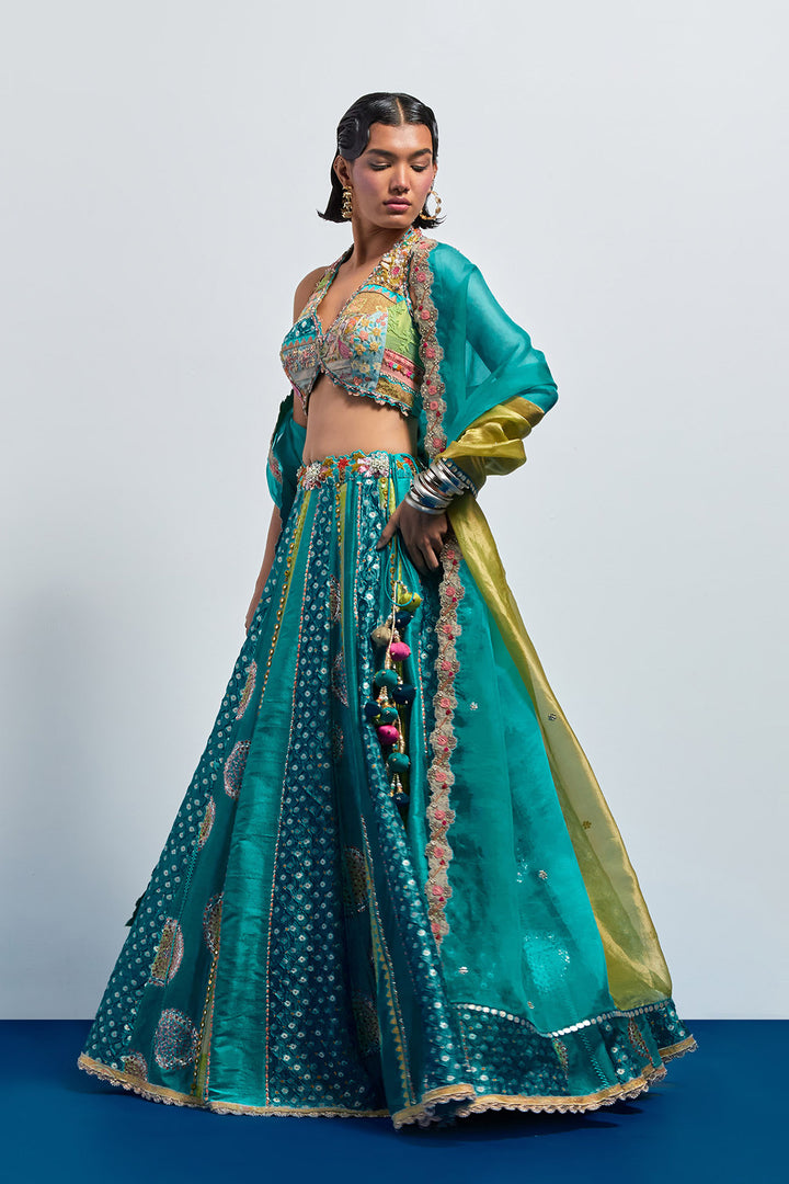 Sea green multi colour embroidered lehenga set