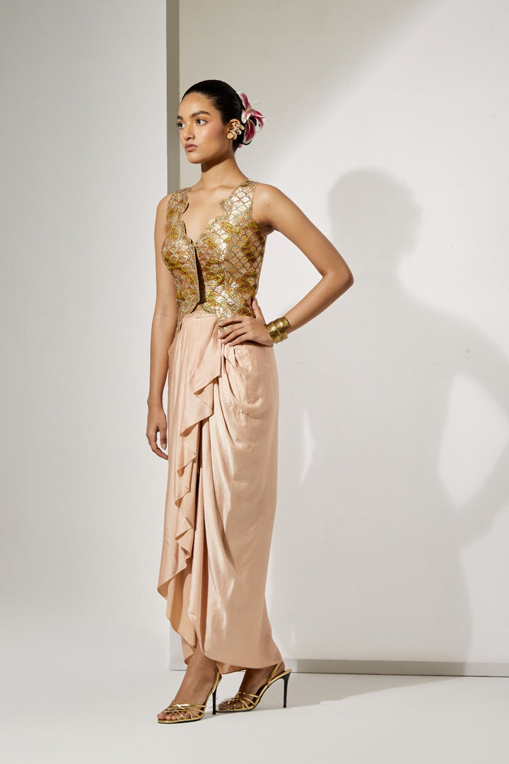 Champagne Embroidered Corset &amp; Drape Skirt Set