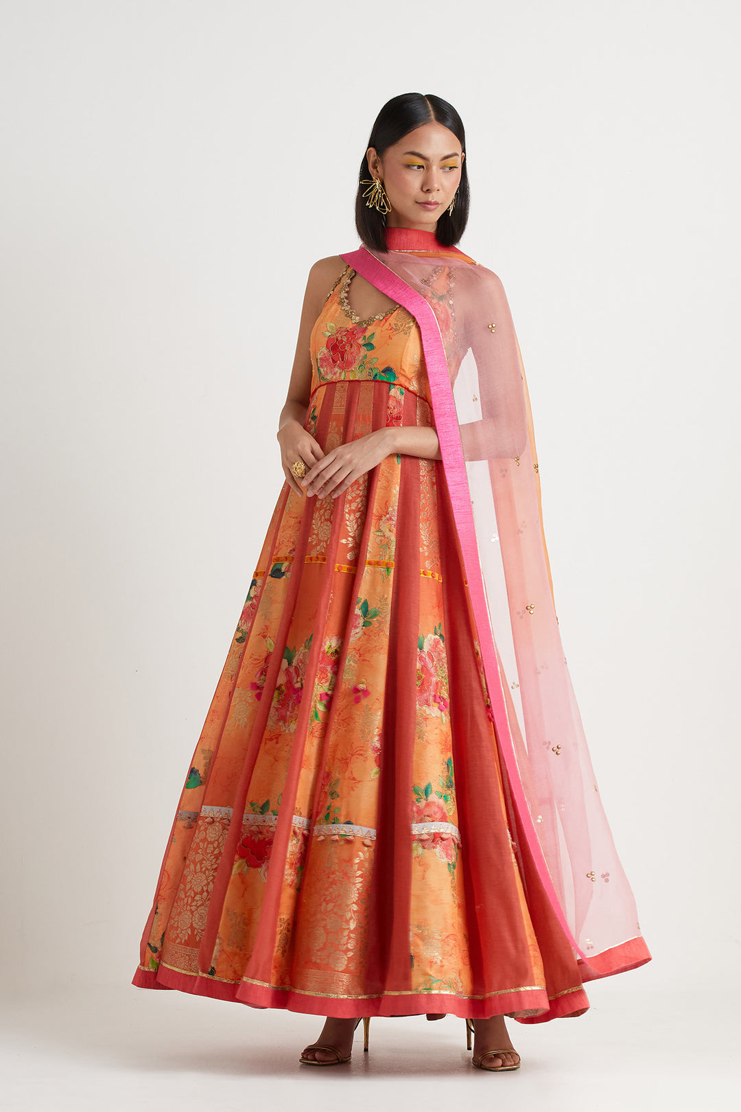 Orange printed anarkali gown with dupatta