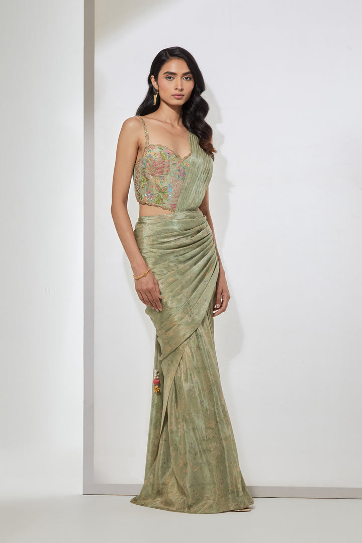 Sage Green Embellished Pre-Draped Saree with Corset Blouse