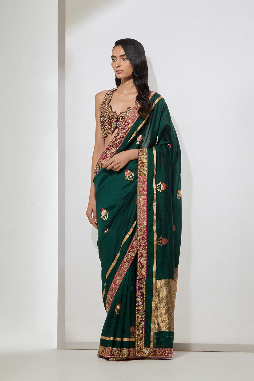 Emerald Green Embroidered Saree With Heavy Zardozi Blouse
