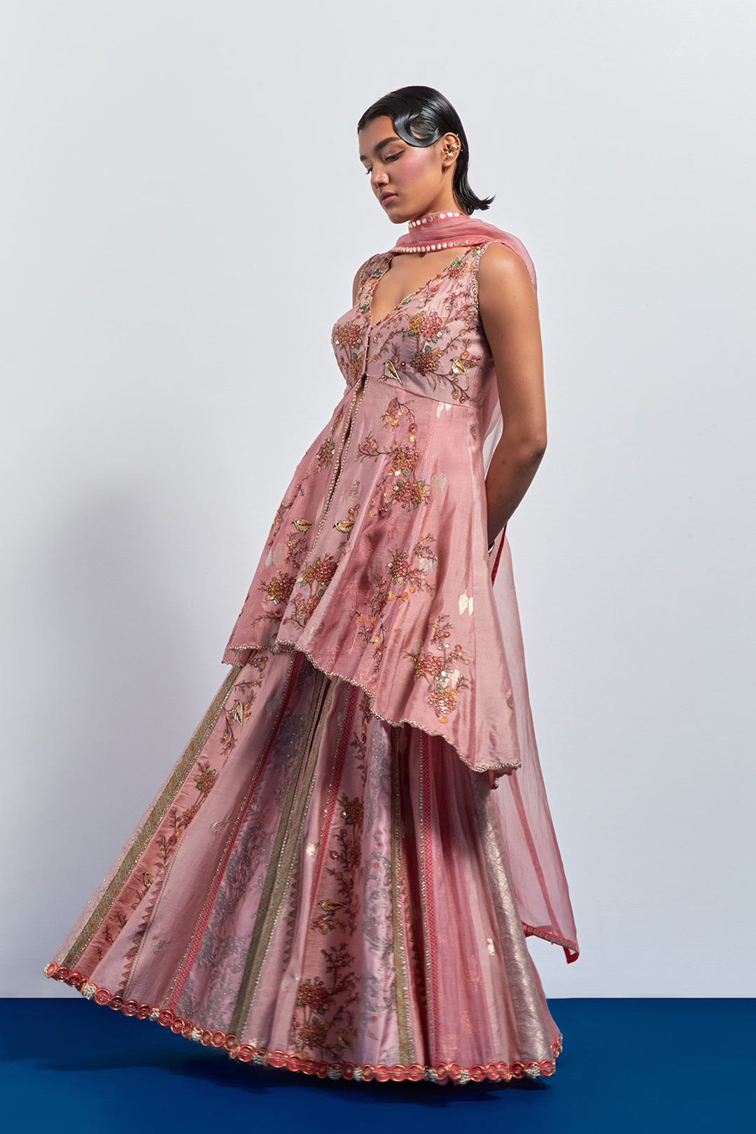 Blush pink embroidered peplum sharara set