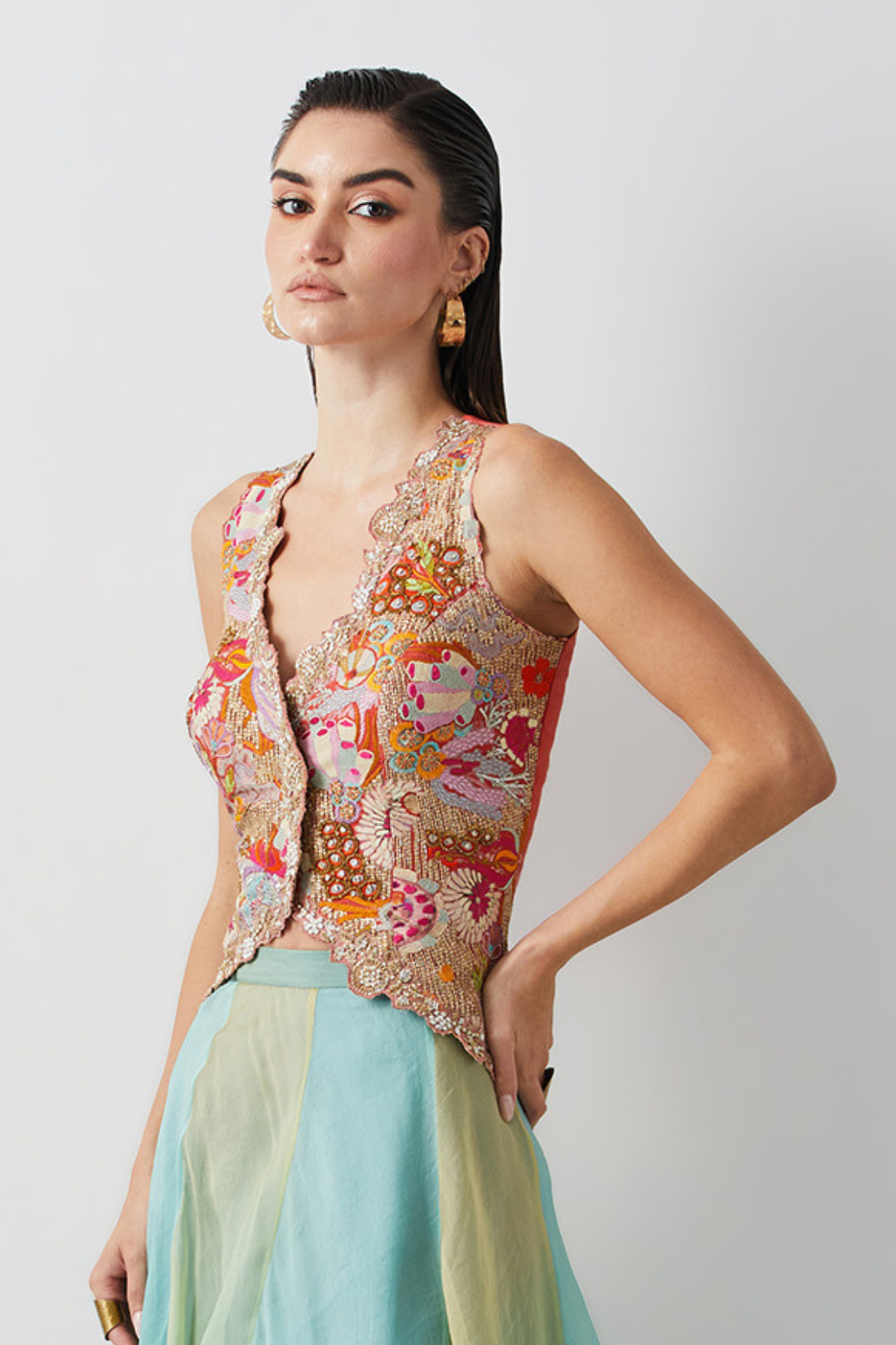 Ombre Aqua-Green Organza Skirt+Aqua Gold Embroidered Corset