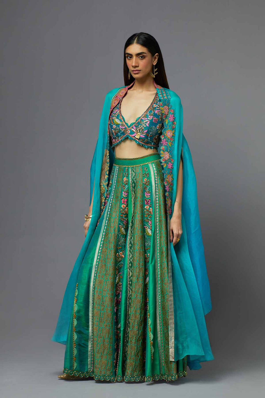 Green embroidered sharara set with ombre cape