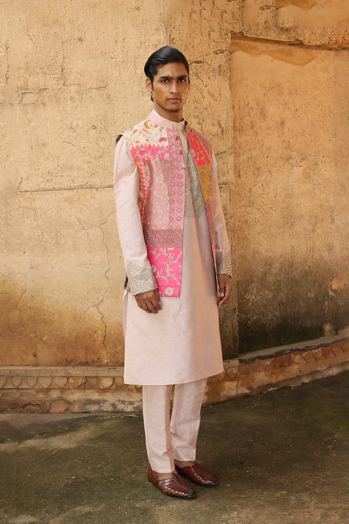 Blush Pink Silk Brocade Patchwork Bandi Set
