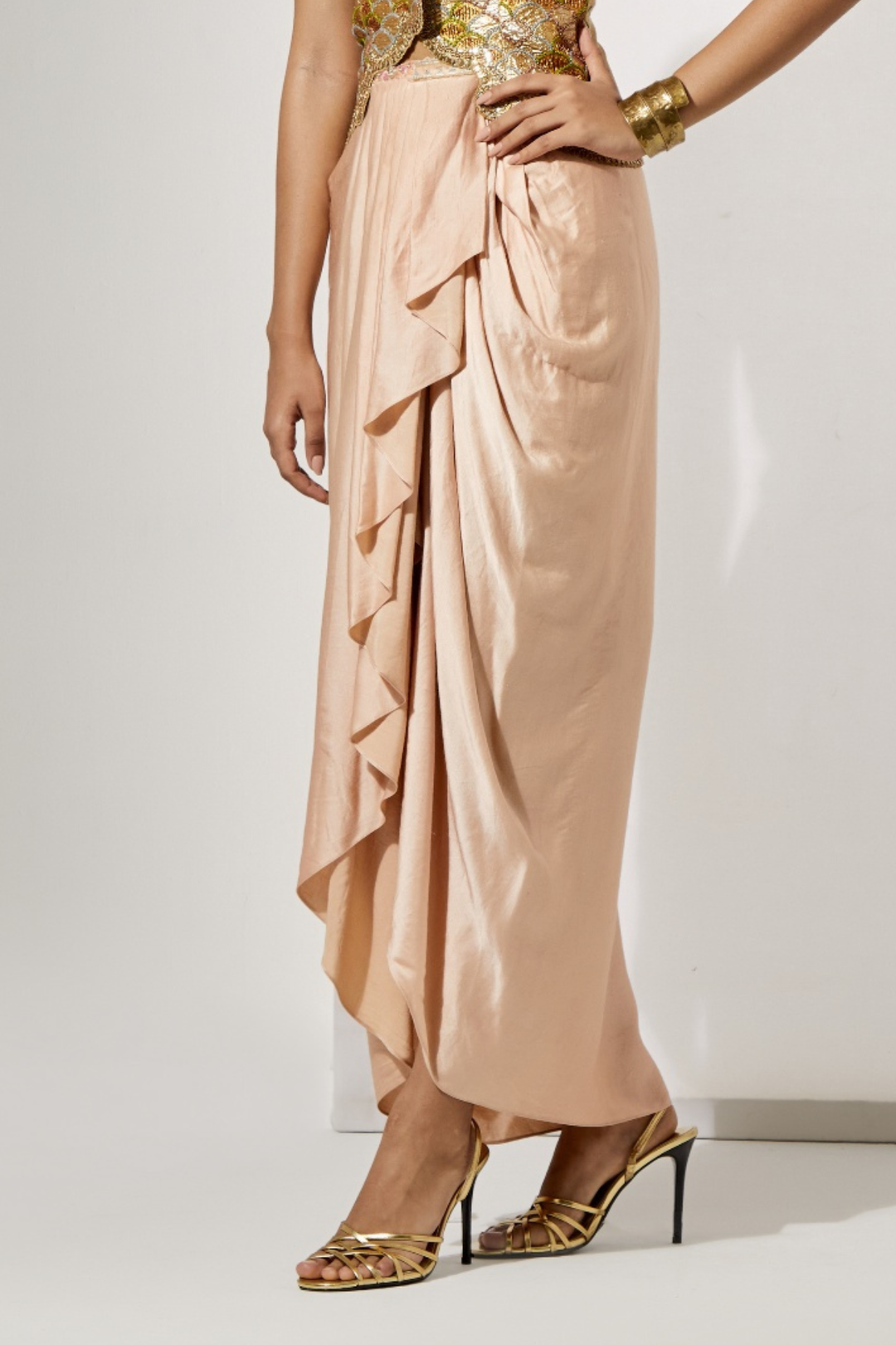 Pastel Patchwork Embroidered Corset+Peach Draped Dhoti Skirt