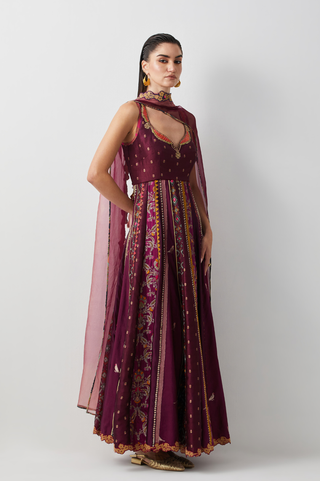 Wine Silk Embroidered Anarkali Set