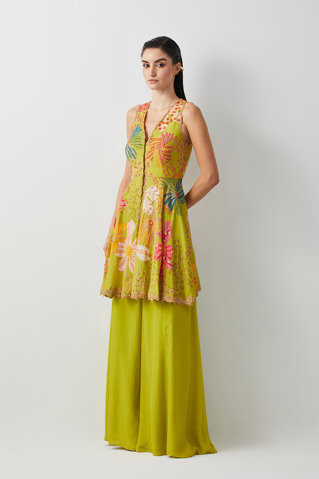 Lime green embroidered peplum sharara set