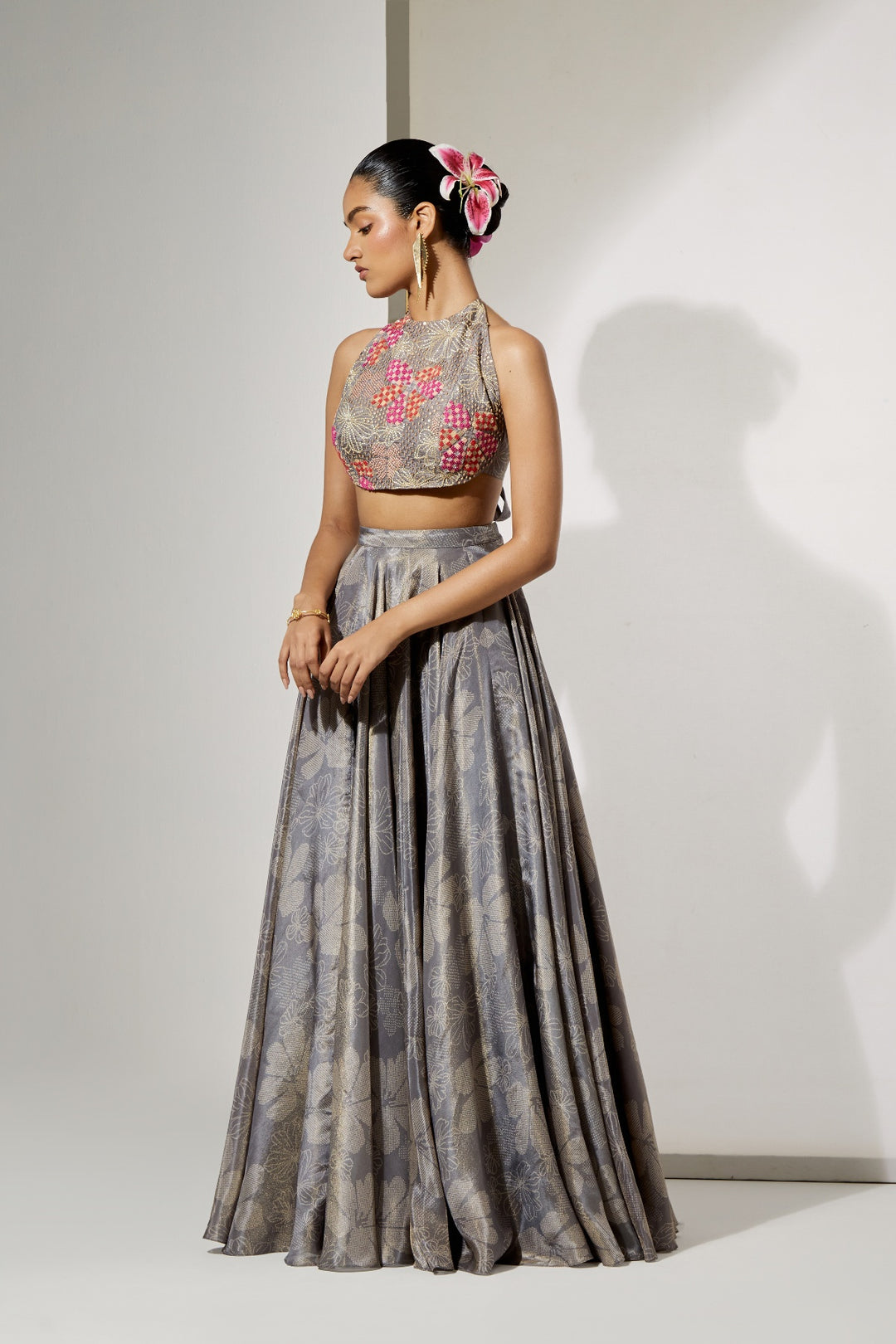 Midnight Bloom Halter Blouse &amp; Skirt Set