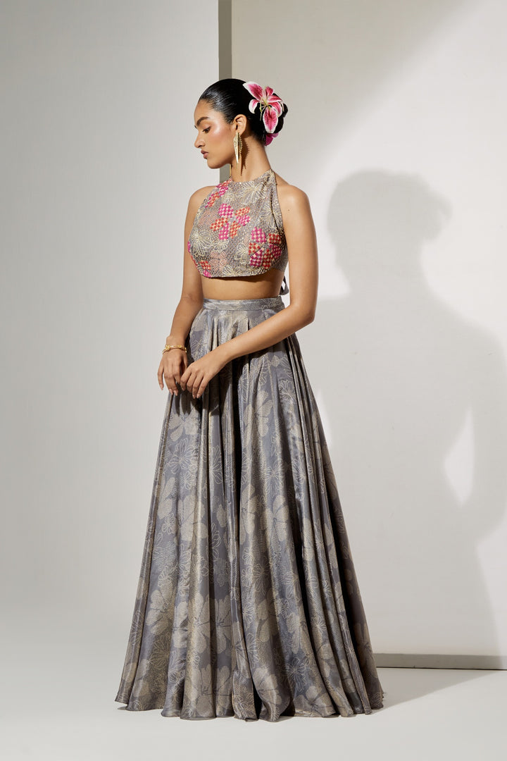 Midnight Bloom Halter Blouse &amp; Skirt Set