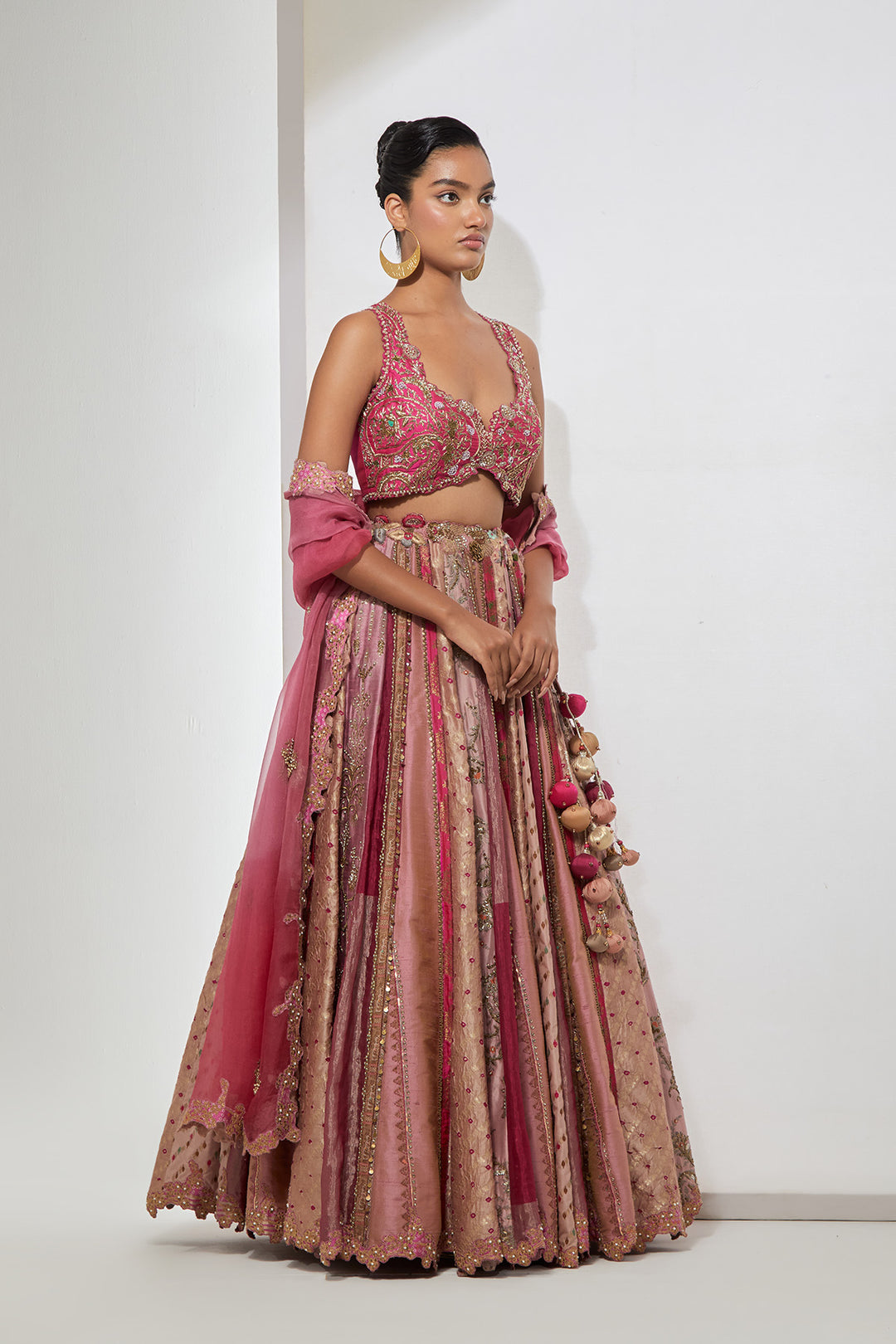 Baby Pink &amp; Hot Pink Multi-Panel Banarasi Silk Lehenga Set with Heavy Zardozi Scalloped Blouse