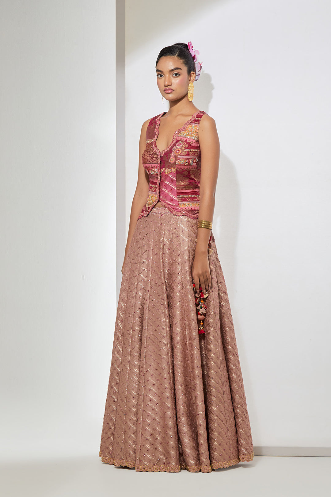Mauve Pink Banarasi Patchwork Vest &amp; Bandani Silk Lehenga