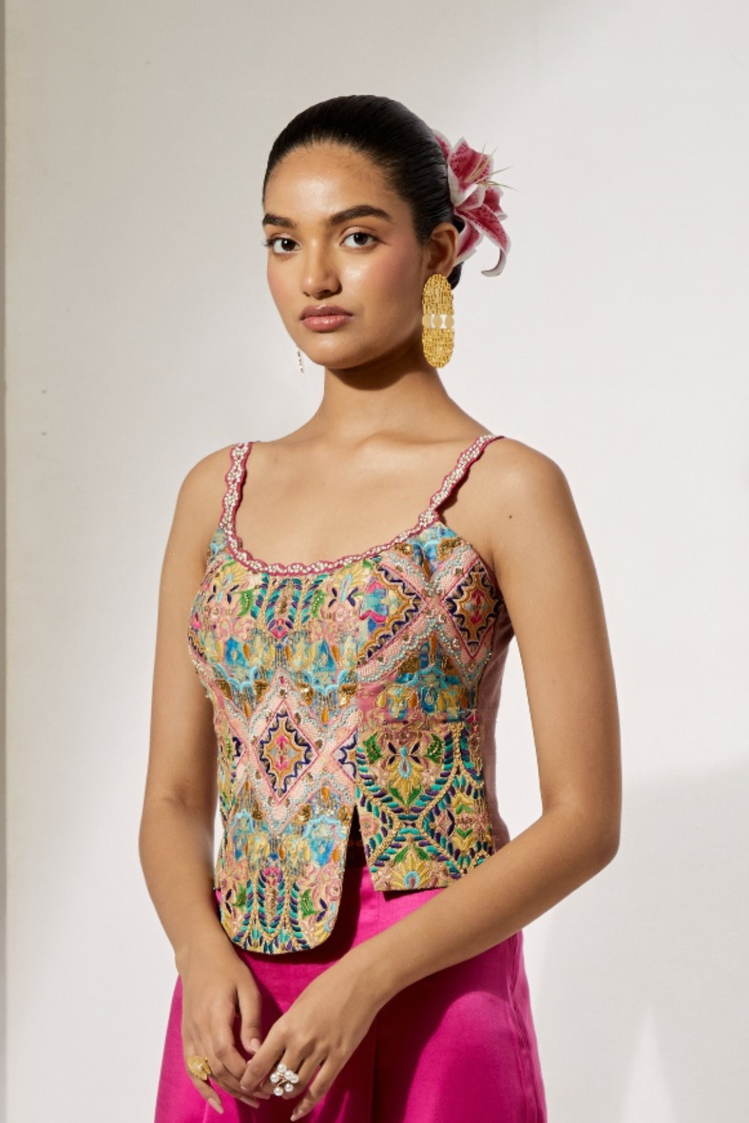 Multi-Color Geometric Beaded Corset Top