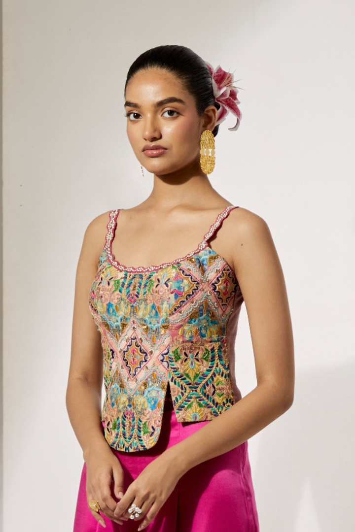 Multi-Color Geometric Beaded Corset Top