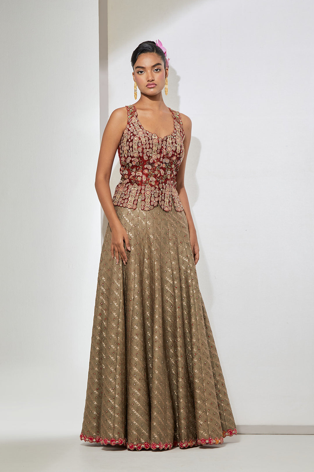 Maroon Embroidered Peplum Corset &amp; Beige Banadni Silk Lehenga