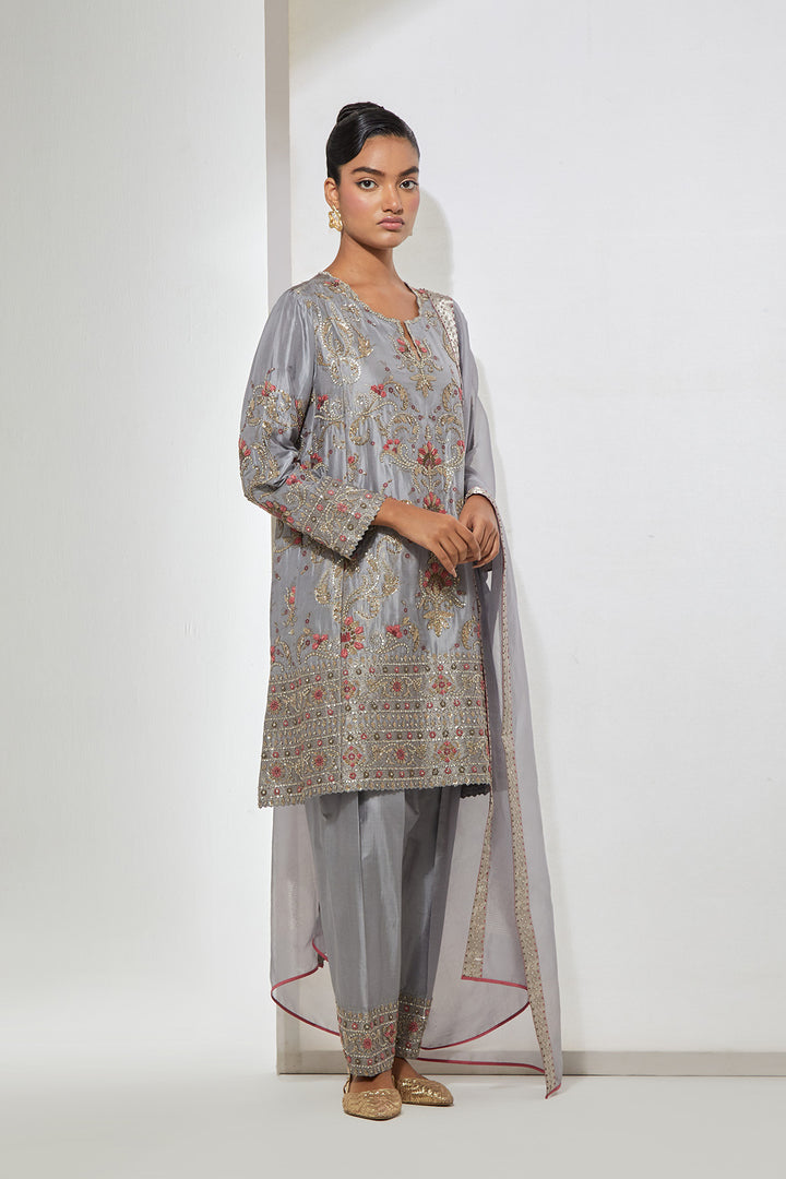 Grey Embroidered Kurta Set with Dupatta