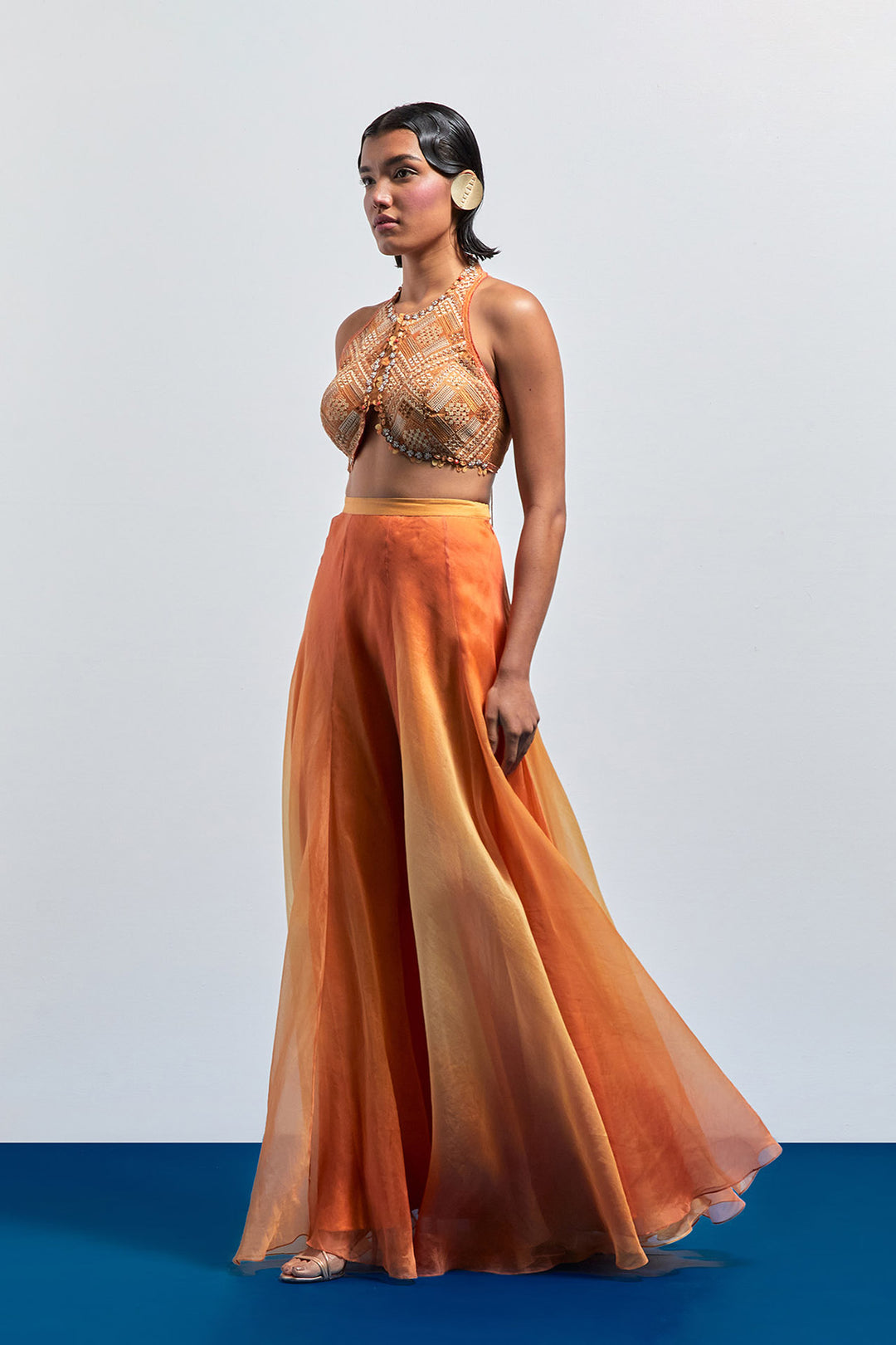 Yellow orange ombre embroidered skirt set