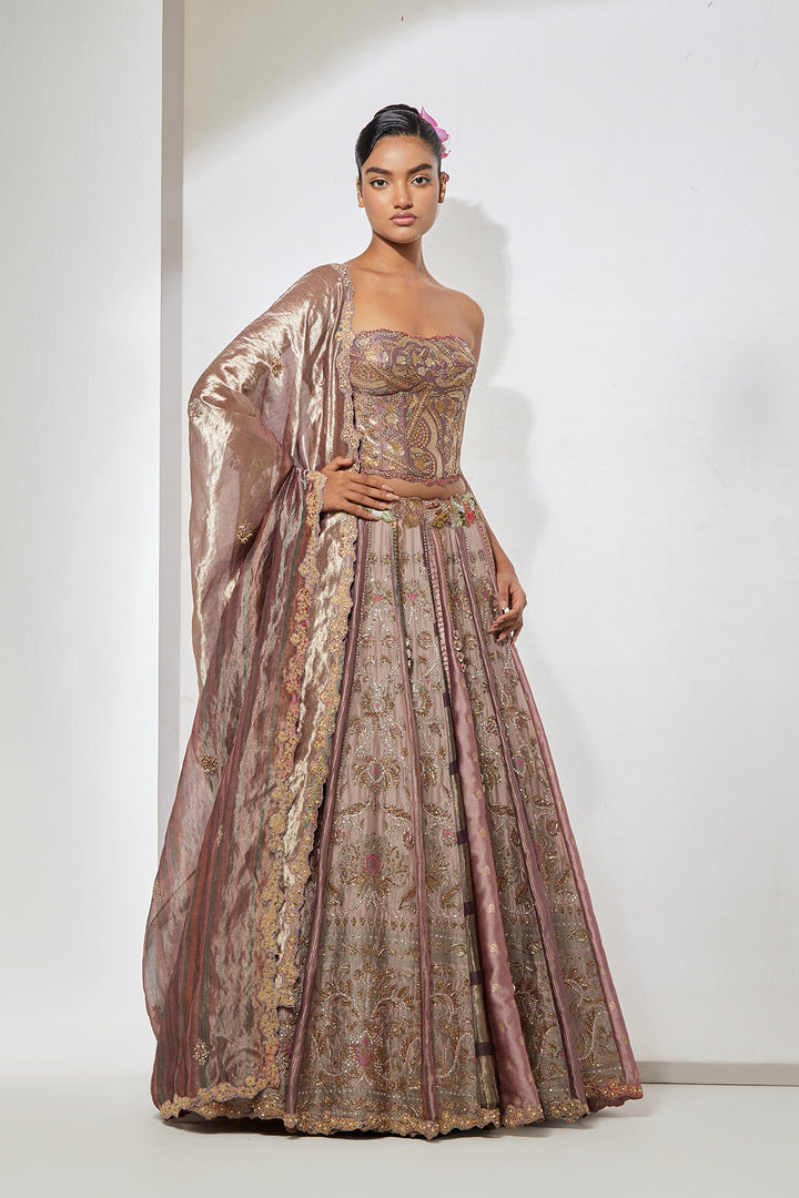 Mauve Blush Multi-Panel silk brocade Lehenga Set with Heavy Hand-Embroidered Corset Blouse