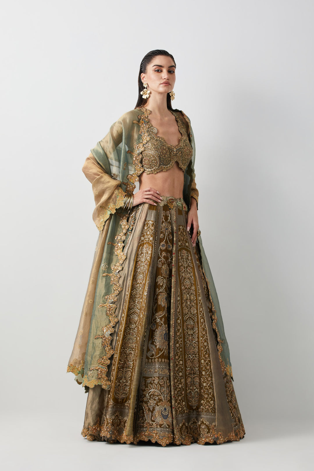 Olive Green Hand Embroidered Silk Brocade Lehenga Set