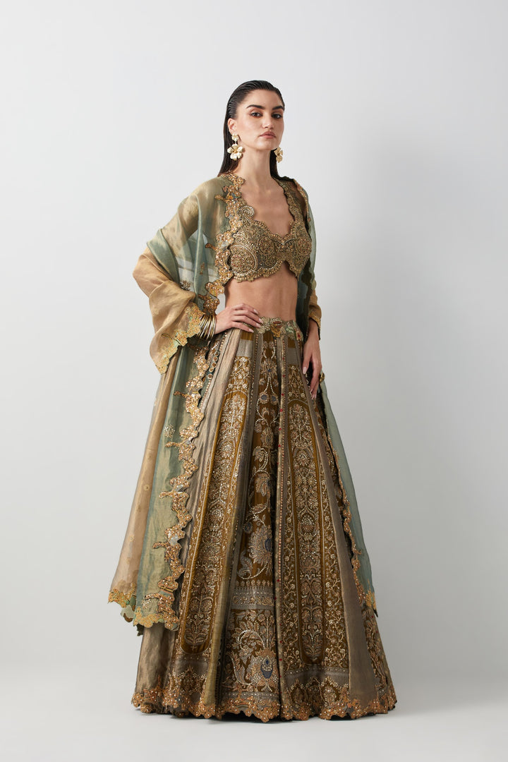 Olive Green Hand Embroidered Silk Brocade Lehenga Set