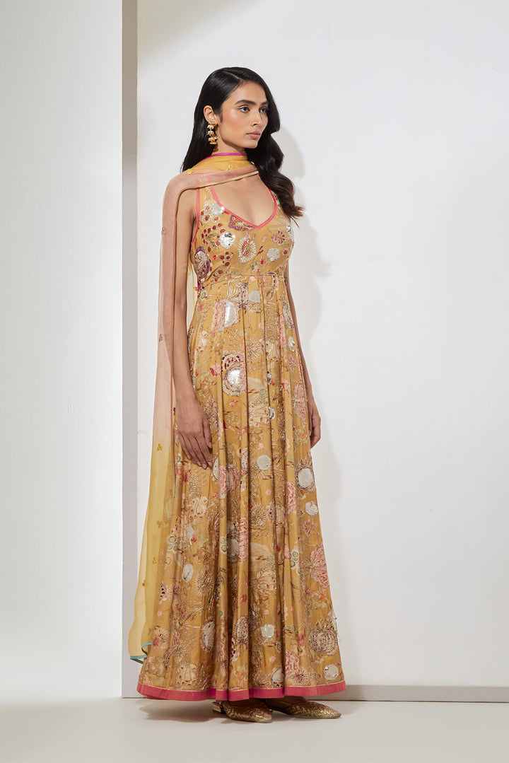 Yellow Floral Printed Anarkali Set with Organza Dupatta