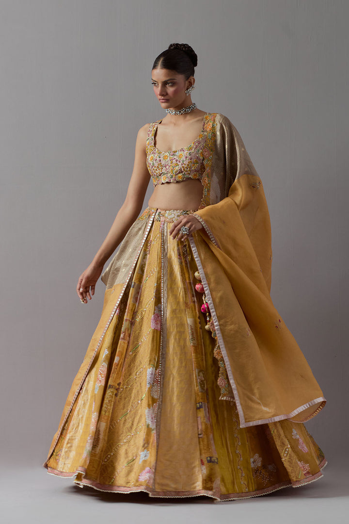 Golden mustard embroidered lehenga choli with dupatta
