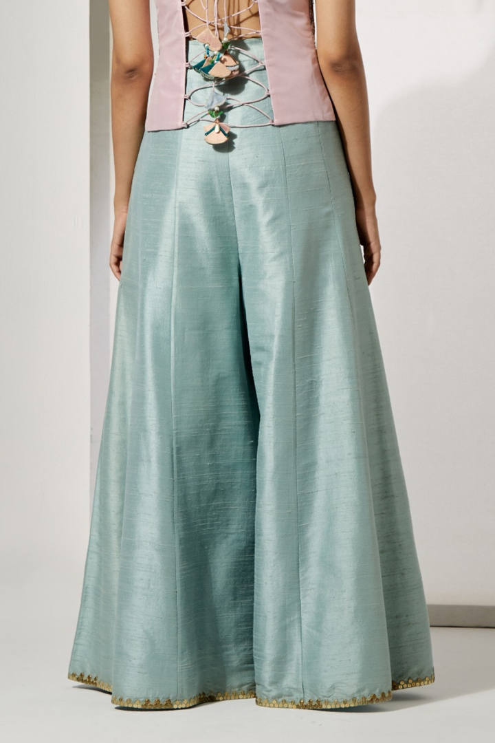 Pastel Patchwork Embroidered Corset+Powder Blue Panelled Sharara with Geometric Weave