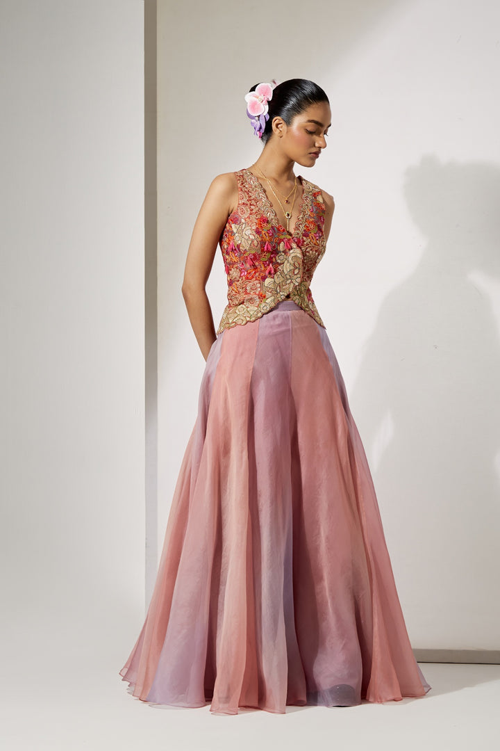 Blush Pink Embroidered Corset &amp; Organza Skirt Set