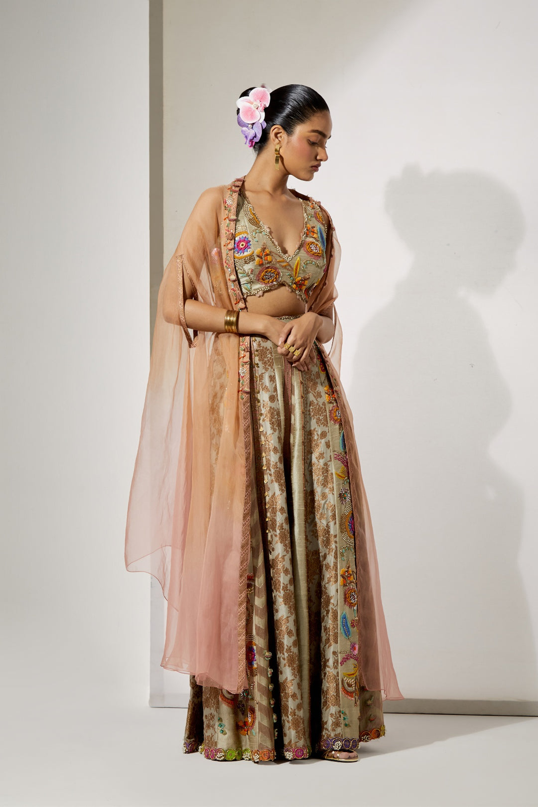 Beige Gold Embroidered Sharara Set with Organza Cape