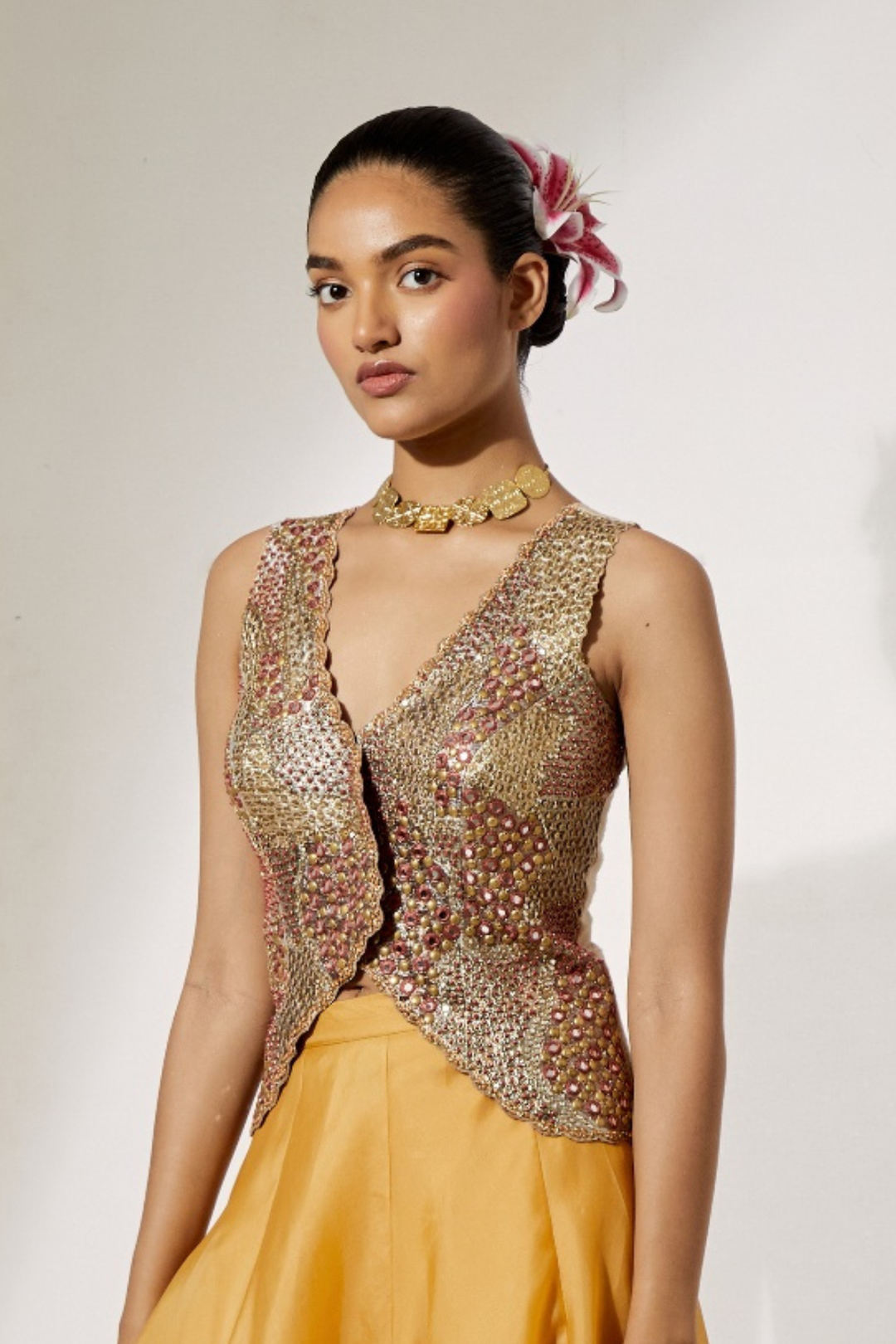 Antique Gold Sequin Overlap Vest Top