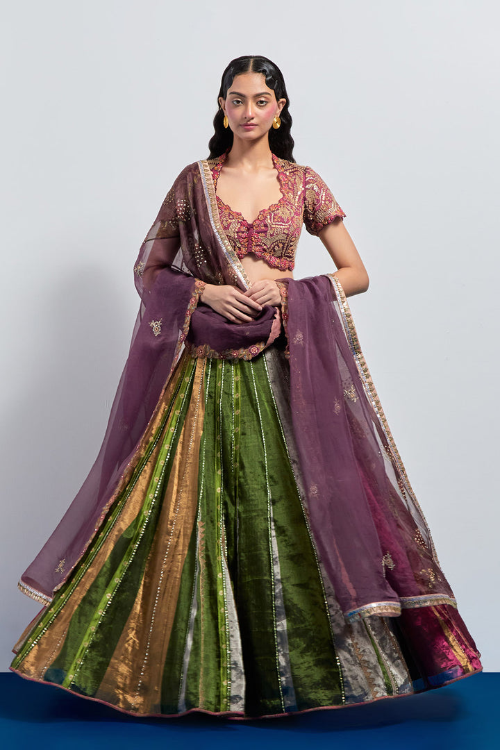 Multicolour striped embroidered lehenga set