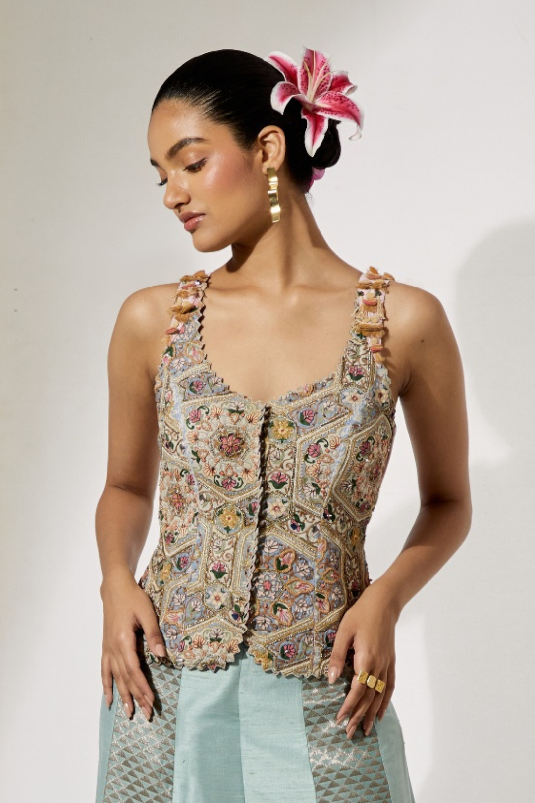 Ivory Multi-Floral Threadwork Corset Vest+Turquoise Organza Flared Skirt