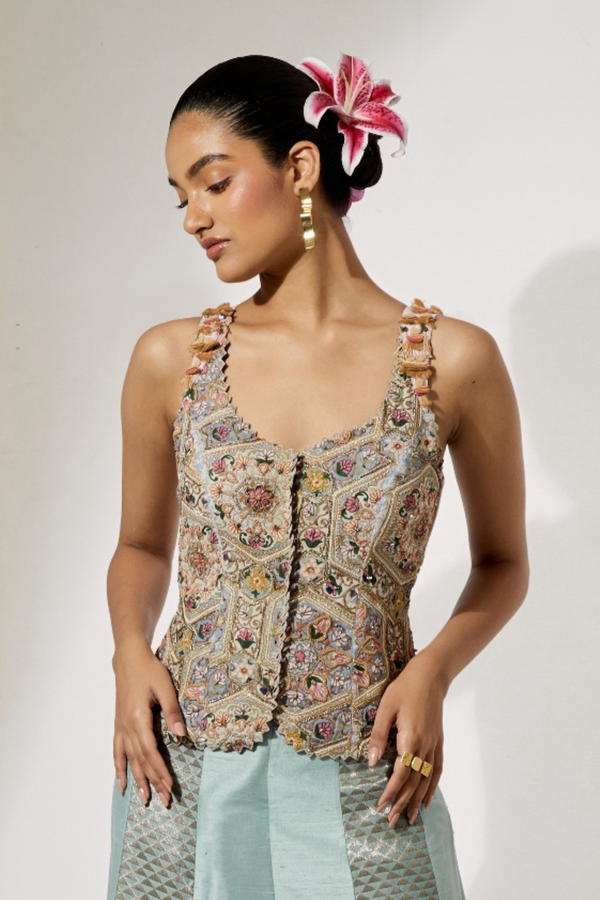 Ivory Multi-Floral Threadwork Corset Vest+Turquoise Organza Flared Skirt