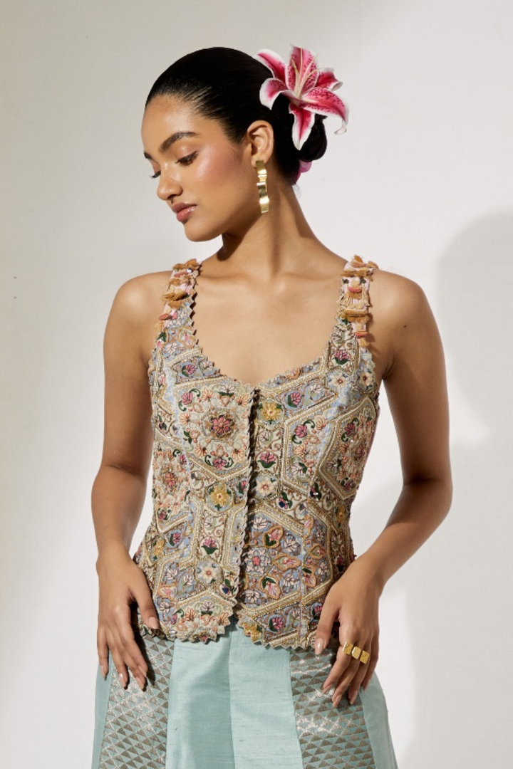 Ivory Multi-Floral Threadwork Corset Vest+Turquoise Organza Flared Skirt