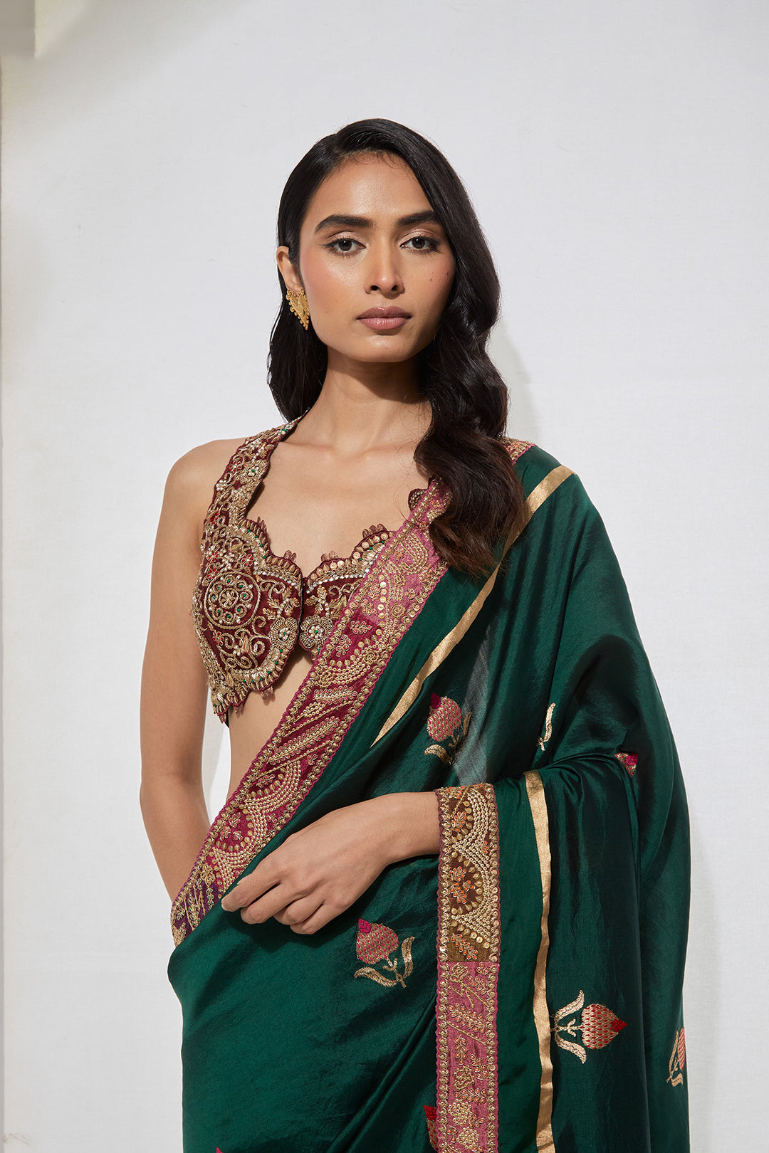 Emerald Green Embroidered Saree With Heavy Zardozi Blouse