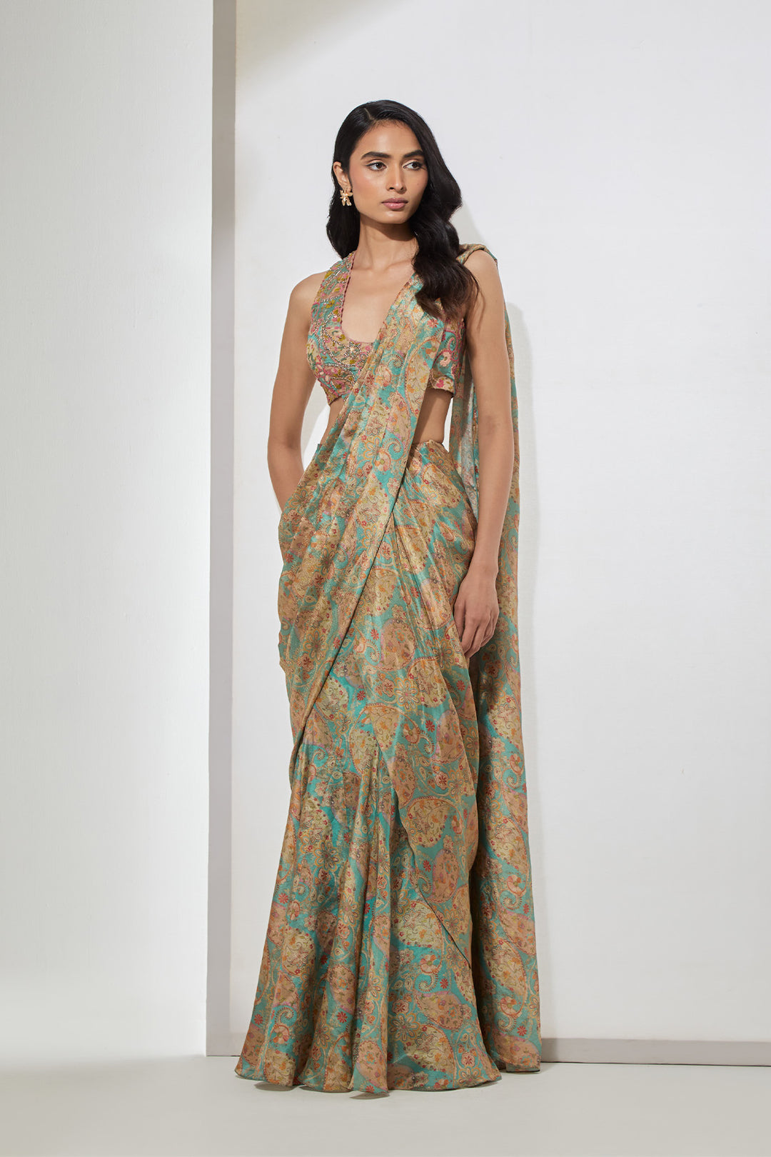 Aqua Paisley Printed Pre-Draped Saree with Corset Blouse