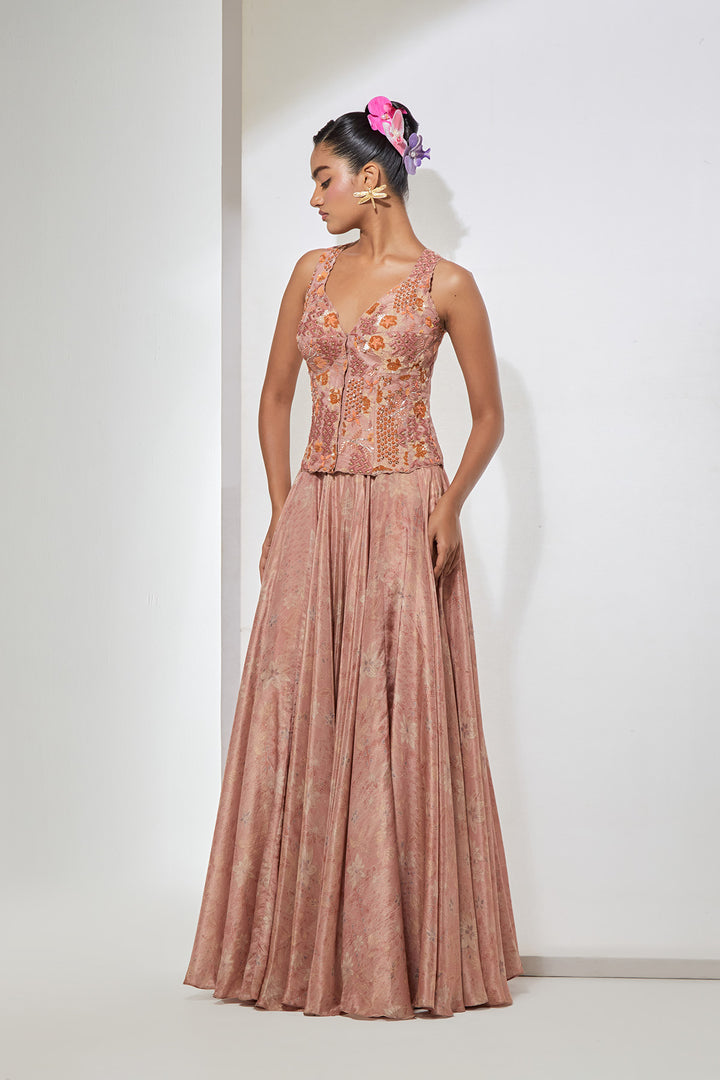 Blush Pink Embellished Corset with Brocade Skirt Set