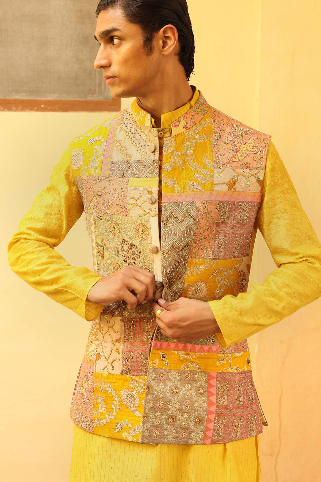Mustard kurta set with textured jacket