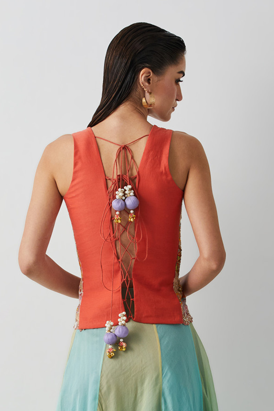 Ombre Aqua-Green Organza Skirt+Aqua Gold Embroidered Corset