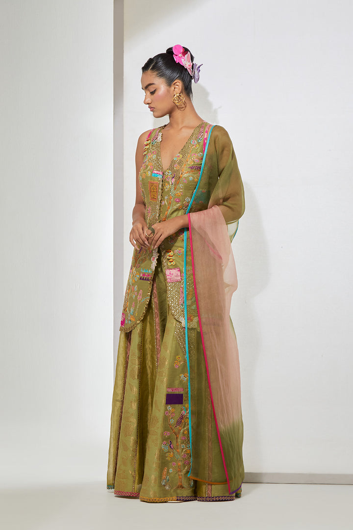 Sage Green Embroidered Sharara Set with Kurta &amp; Dupatta