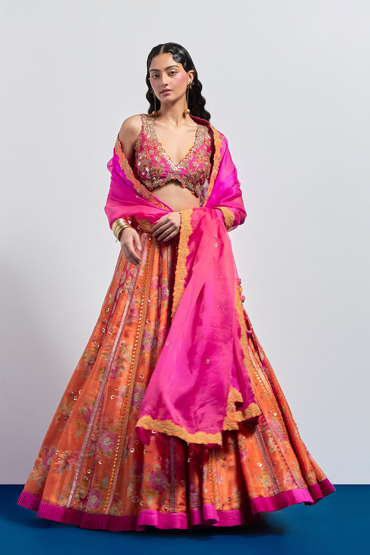 Orange printed embroidered lehenga dupatta set
