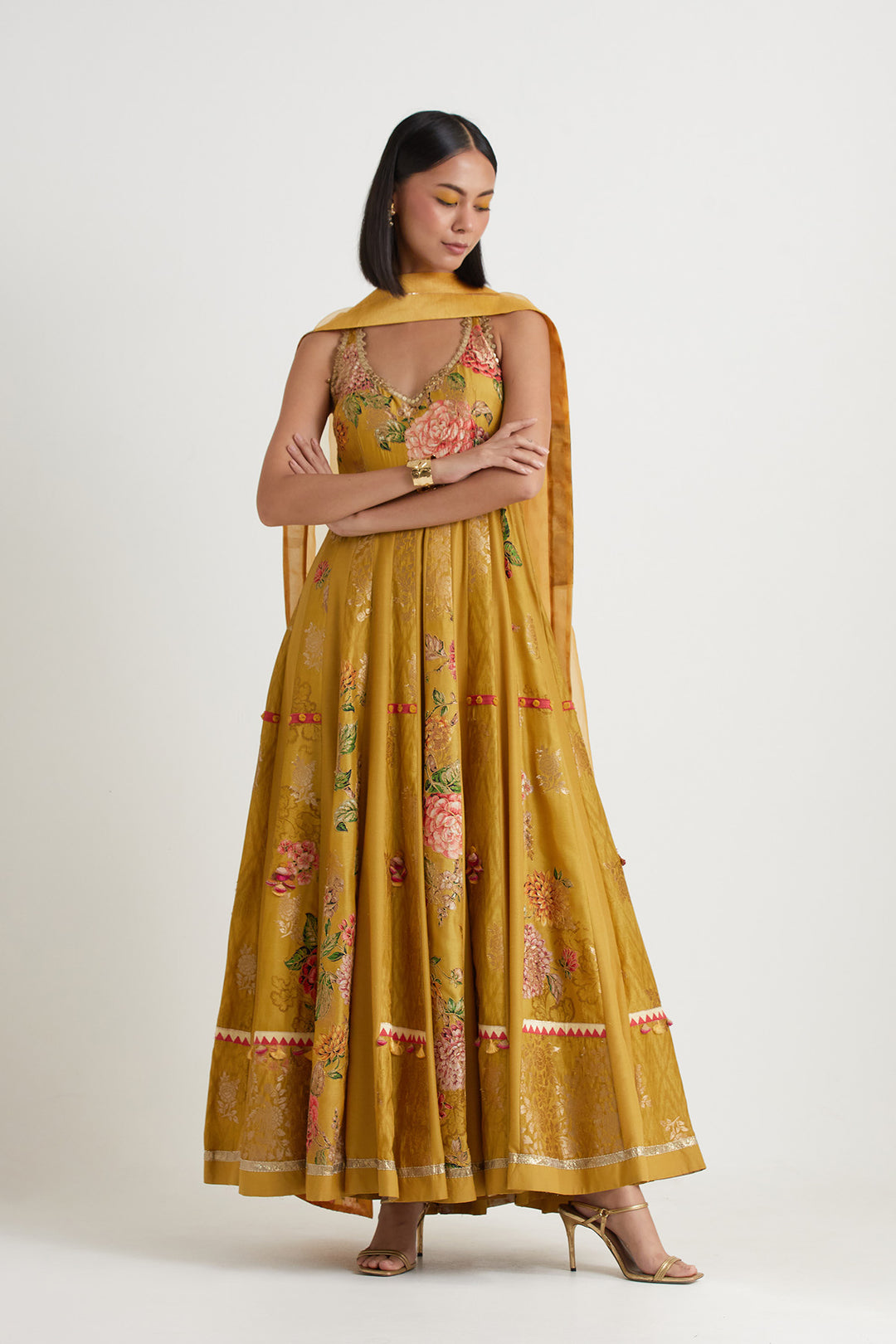 Mustard printed embroidered anarkali with dupatta