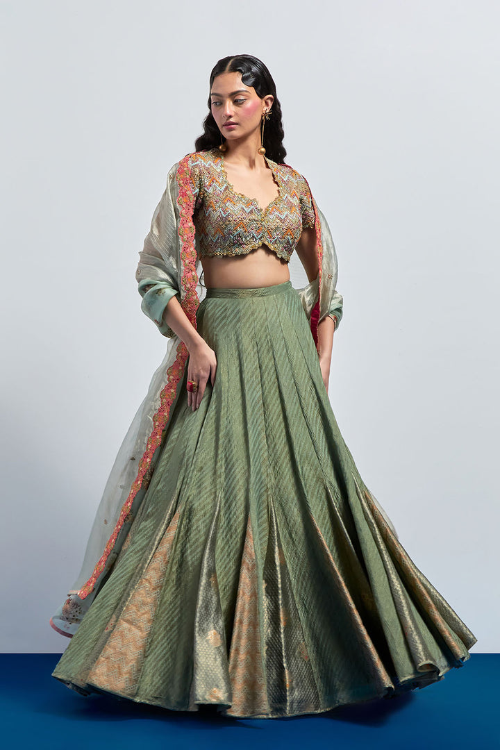 saga green embroidered lehenga choli dupatta set