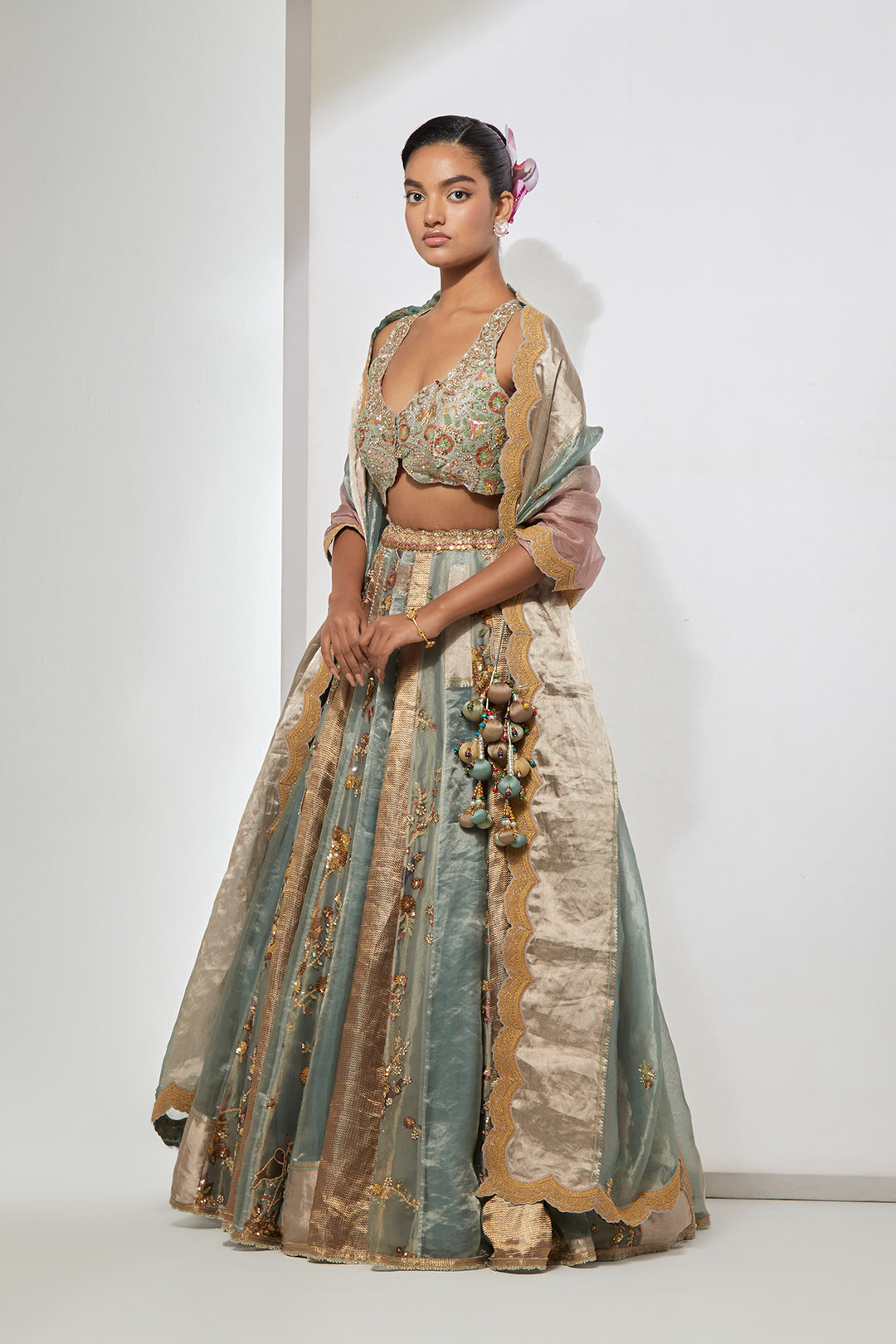 Aqua Floral Embroidered Lehenga Set with Bralette Blouse &amp; Dupatta