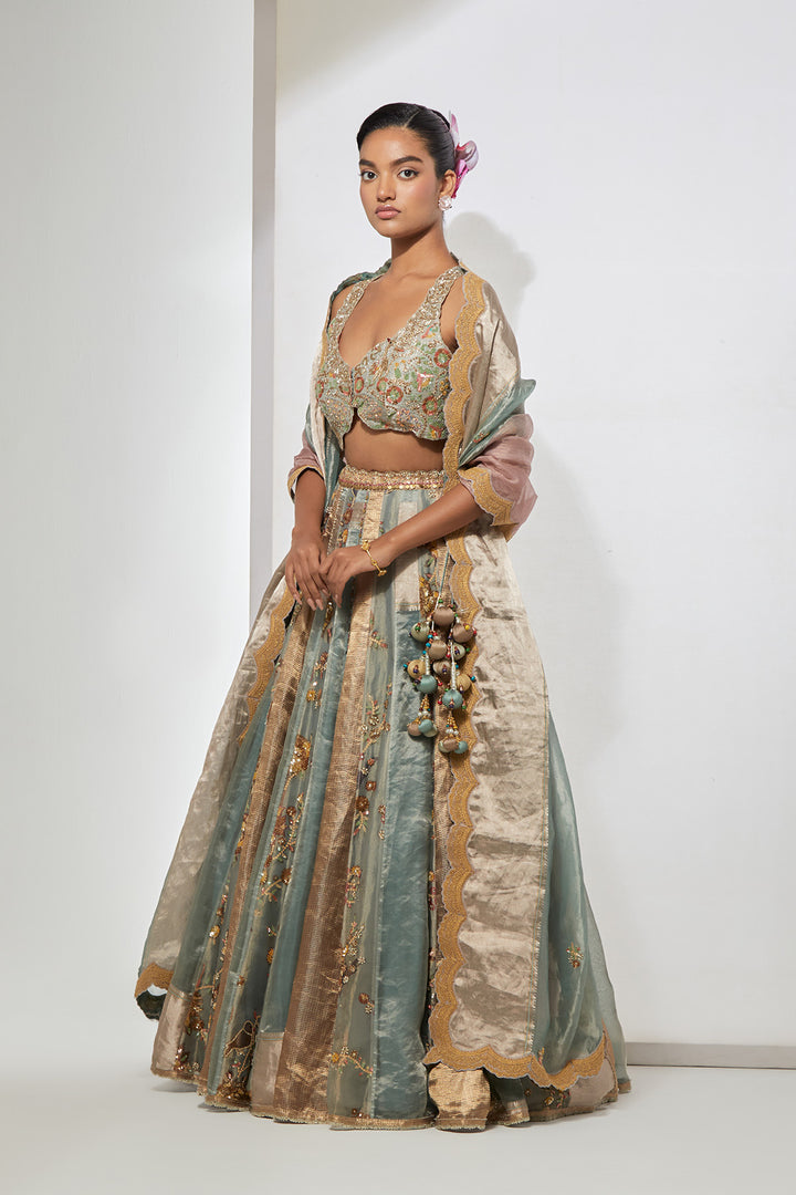 Aqua Floral Embroidered Lehenga Set with Bralette Blouse &amp; Dupatta