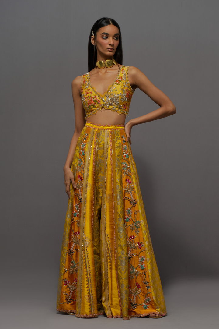 Mustard yellow embroidered sharara set